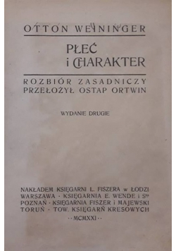 Płeć i charakter, 1921 r.