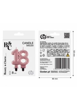 Świeczka B&C cyferka 18 metalik różowo-złota 8cm