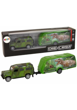 Jeep z przyczepą z dinozaurami