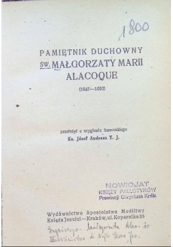 Pamiętnik Duchowny św Małgorzaty Marii Alacoque 1947 r.